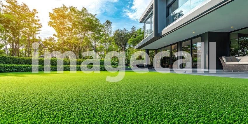 Lush Green Oasis: A modern home with expansive windows overlooks a meticulously manicured lawn, creating a picture of serene luxury and outdoor living