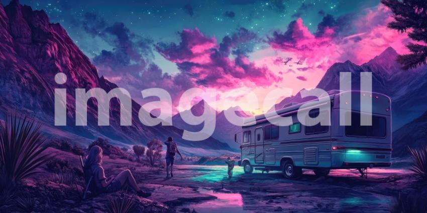 Traveler in Red Outfit Next to Vintage Camper Van Amidst Dramatic Mountain Scenery