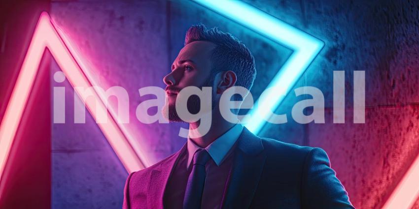 Futuristic Urban Scene with Neon Lights and Glowing Triangle