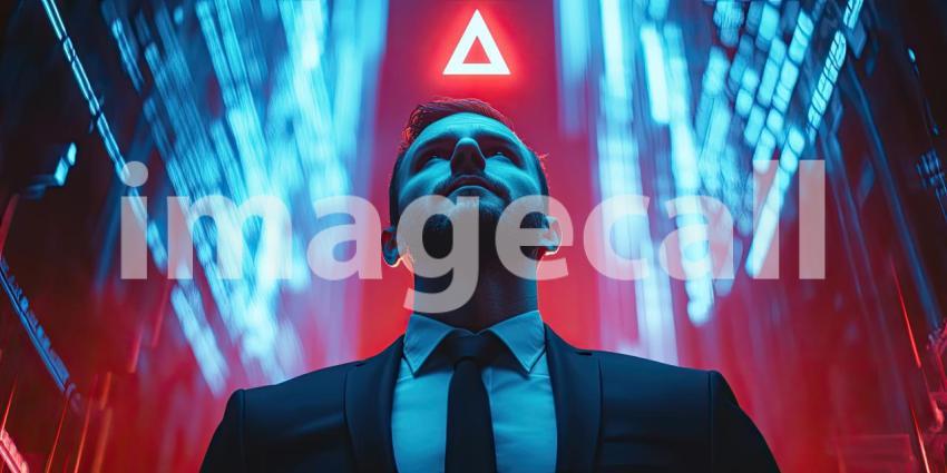 Futuristic Urban Scene with Neon Lights and Glowing Triangle