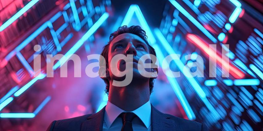 Futuristic Urban Scene with Neon Lights and Glowing Triangle