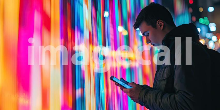 Vibrant Urban Night Scene with Colorful Vertical Stripes and Blurred Lights