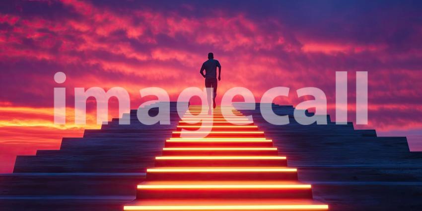 Silhouette of a Runner Ascending Glowing Stairs Against a Mesmerizing Sunset Sky