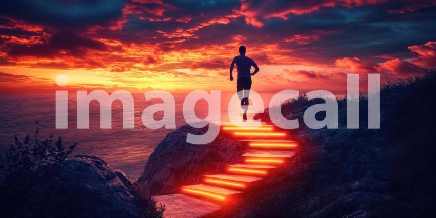 Silhouette of a Runner Ascending Glowing Stairs Against a Mesmerizing Sunset Sky