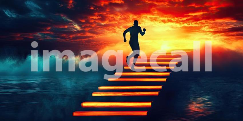 Silhouette of a Runner Ascending Glowing Stairs Against a Mesmerizing Sunset Sky