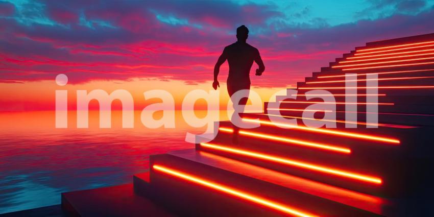 Silhouette of a Runner Ascending Glowing Stairs Against a Mesmerizing Sunset Sky