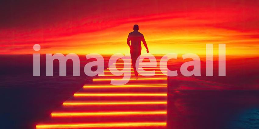 Silhouette of a Runner Ascending Glowing Stairs Against a Mesmerizing Sunset Sky