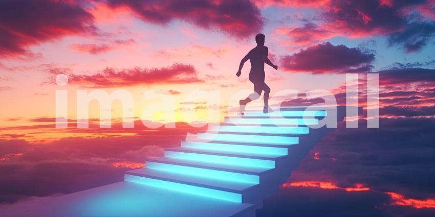 Silhouette of a Runner Ascending Glowing Stairs Against a Mesmerizing Sunset Sky