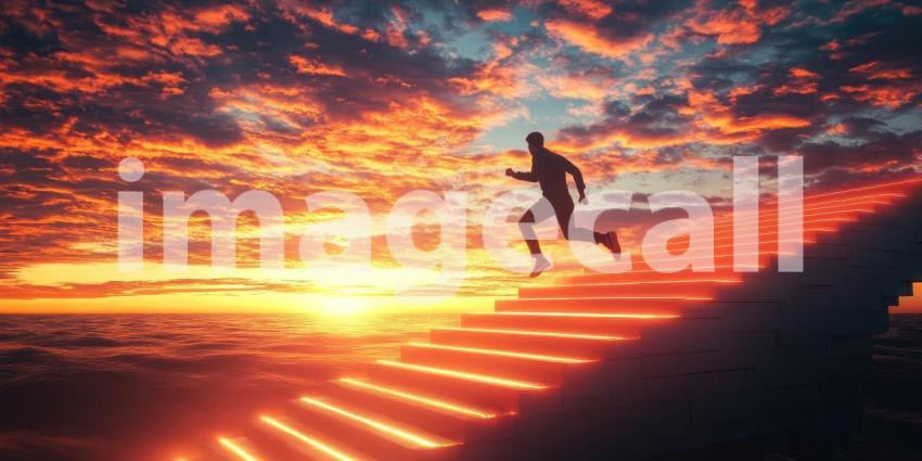 Silhouette of a Runner Ascending Glowing Stairs Against a Mesmerizing Sunset Sky