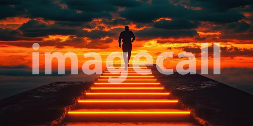 Silhouette of a Runner Ascending Glowing Stairs Against a Mesmerizing Sunset Sky