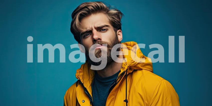 Person in Yellow Jacket Against a Solid Blue Background