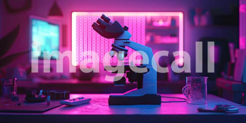 Neon Lab: A futuristic workspace bathed in vibrant hues, where a robotic hand reaches towards a glowing microscope, hinting at cutting-edge scientific discoveries