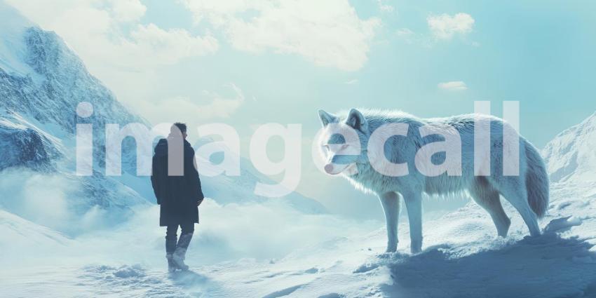 Mystical Encounter: Cloaked Figure and White Wolf on Snowy Mountain Outcrop