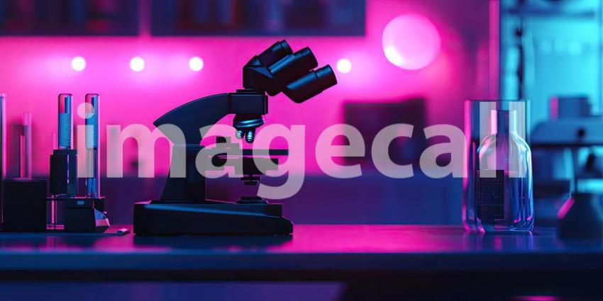 Neon Lab: A futuristic workspace bathed in vibrant hues, where a robotic hand reaches towards a glowing microscope, hinting at cutting-edge scientific discoveries