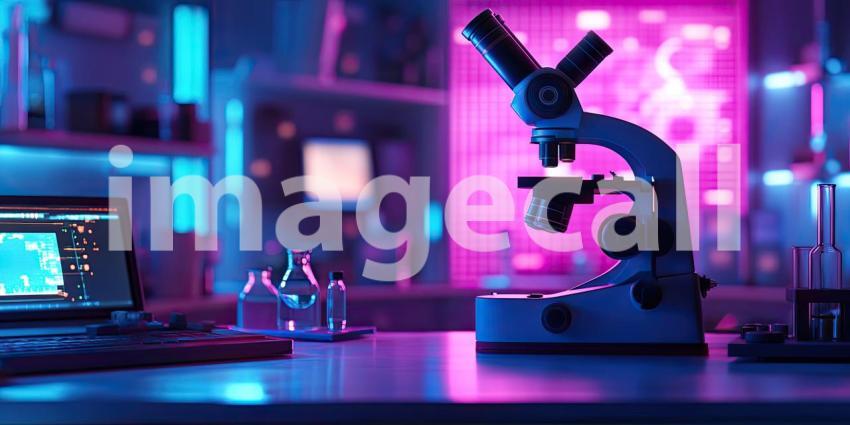 Neon Lab: A futuristic workspace bathed in vibrant hues, where a robotic hand reaches towards a glowing microscope, hinting at cutting-edge scientific discoveries