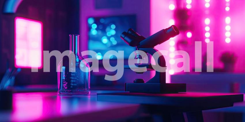Neon Lab: A futuristic workspace bathed in vibrant hues, where a robotic hand reaches towards a glowing microscope, hinting at cutting-edge scientific discoveries