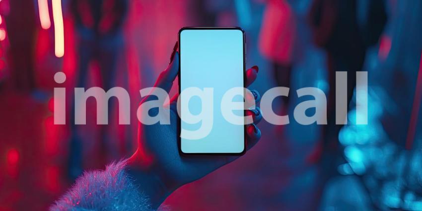 Neon Nights: A hand holds a smartphone with a blank screen, capturing the vibrant glow of a neon-lit cityscape, a beacon in the digital age