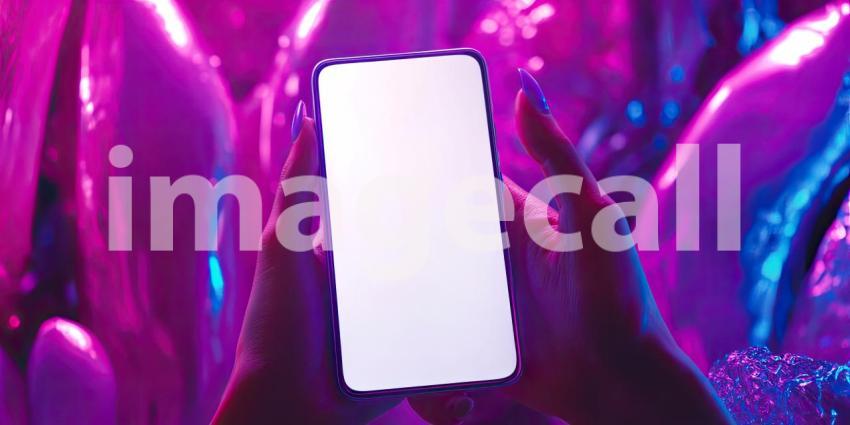 Neon Nights: A hand holds a smartphone with a blank screen, capturing the vibrant glow of a neon-lit cityscape, a beacon in the digital age