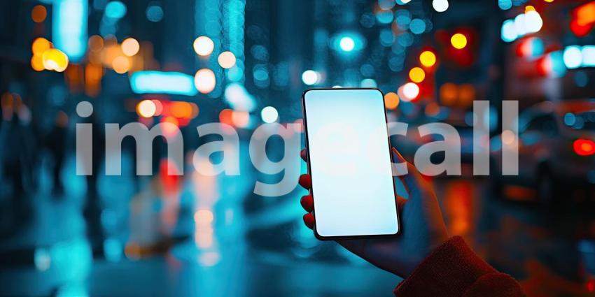Neon Nights: A hand holds a smartphone with a blank screen, capturing the vibrant glow of a neon-lit cityscape, a beacon in the digital age