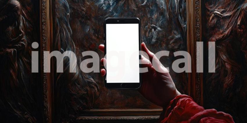 Neon Nights: A hand holds a smartphone with a blank screen, capturing the vibrant glow of a neon-lit cityscape, a beacon in the digital age