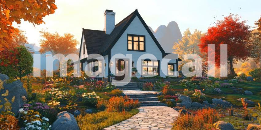 Autumnal Retreat: A charming cottage nestled amidst a vibrant autumn landscape, inviting warmth and coziness on a crisp fall day