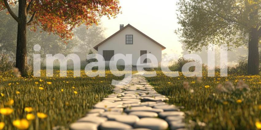 Autumnal Retreat: A charming cottage nestled amidst a vibrant autumn landscape, inviting warmth and coziness on a crisp fall day