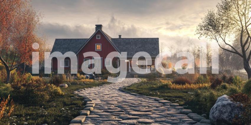 Autumnal Retreat: A charming cottage nestled amidst a vibrant autumn landscape, inviting warmth and coziness on a crisp fall day