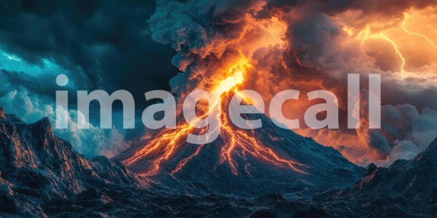 Volcanic Fury: A dramatic eruption illuminates the night sky, as molten lava flows down the slopes of a towering volcano, a breathtaking display of nature's raw power