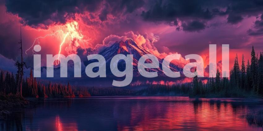 Volcanic Fury: A dramatic eruption illuminates the night sky, as molten lava flows down the slopes of a towering volcano, a breathtaking display of nature's raw power