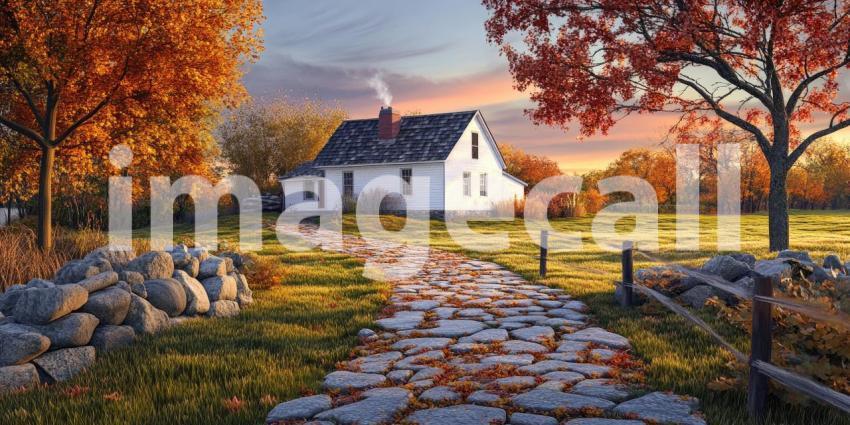 Autumnal Retreat: A charming cottage nestled amidst a vibrant autumn landscape, inviting warmth and coziness on a crisp fall day