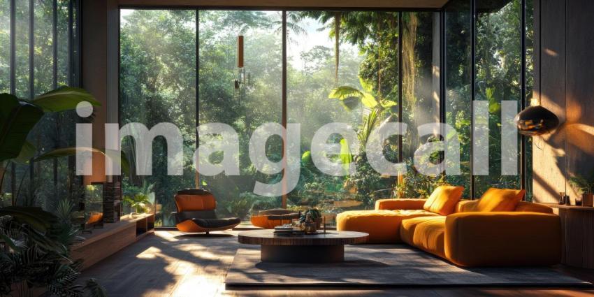 Nature's Embrace: A living room bathed in natural light, with floor-to-ceiling windows framing a breathtaking view of a lush green forest