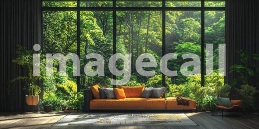 Nature's Embrace: A living room bathed in natural light, with floor-to-ceiling windows framing a breathtaking view of a lush green forest