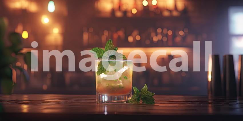 Neon Nights: A refreshing cocktail, garnished with mint, sits illuminated on a bar counter, promising a cool and invigorating escape from the summer heat