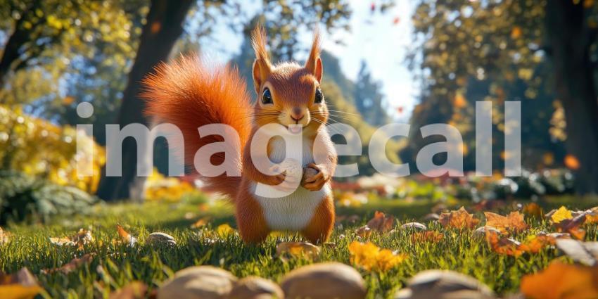 Autumnal Feast: A fluffy red squirrel sits amidst a bed of fallen leaves, savoring a tasty nut, a picture of contentment in the heart of autumn.