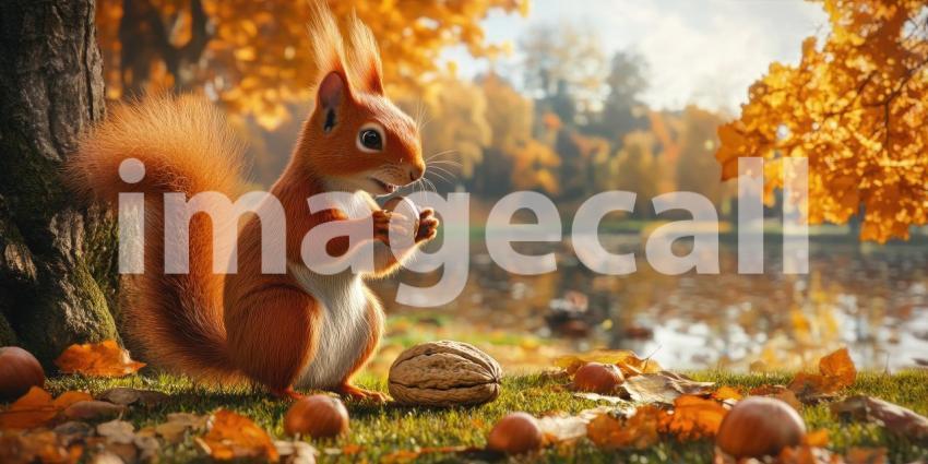 Autumnal Feast: A fluffy red squirrel sits amidst a bed of fallen leaves, savoring a tasty nut, a picture of contentment in the heart of autumn.