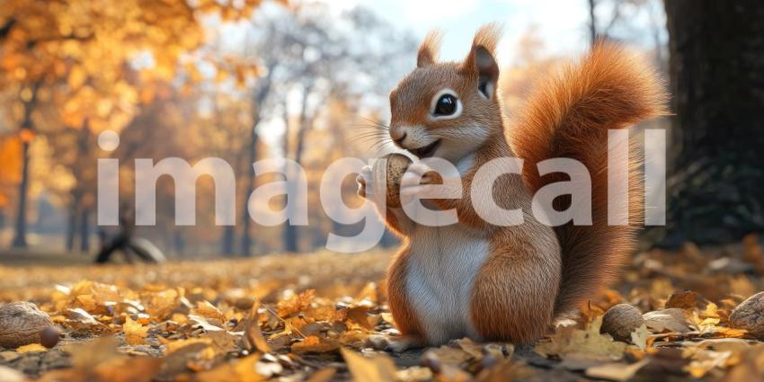 Autumnal Feast: A fluffy red squirrel sits amidst a bed of fallen leaves, savoring a tasty nut, a picture of contentment in the heart of autumn.