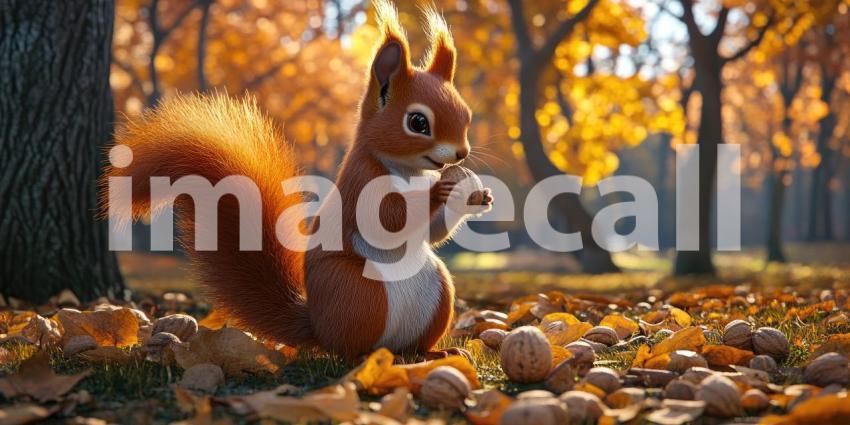 Autumnal Feast: A fluffy red squirrel sits amidst a bed of fallen leaves, savoring a tasty nut, a picture of contentment in the heart of autumn.