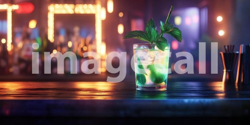 Neon Nights: A refreshing cocktail, garnished with mint, sits illuminated on a bar counter, promising a cool and invigorating escape from the summer heat