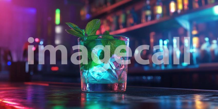 Neon Nights: A refreshing cocktail, garnished with mint, sits illuminated on a bar counter, promising a cool and invigorating escape from the summer heat