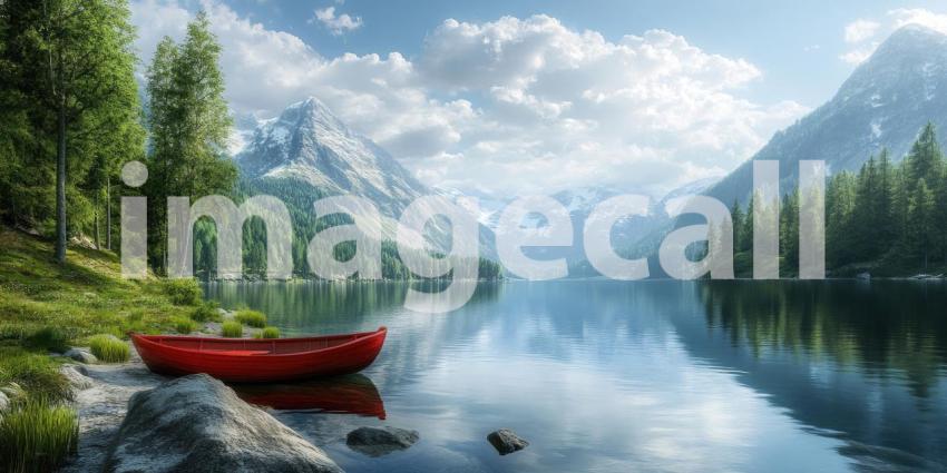 A Red Canoe Dreams of Adventure on a Tranquil Lake, Snow-Capped Peaks Standing Guard