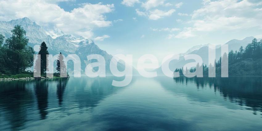 A Red Canoe Dreams of Adventure on a Tranquil Lake, Snow-Capped Peaks Standing Guard