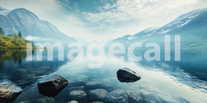 A Red Canoe Dreams of Adventure on a Tranquil Lake, Snow-Capped Peaks Standing Guard