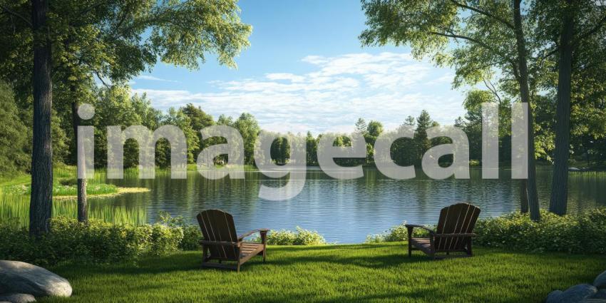 A Red Canoe Dreams of Adventure on a Tranquil Lake, Snow-Capped Peaks Standing Guard