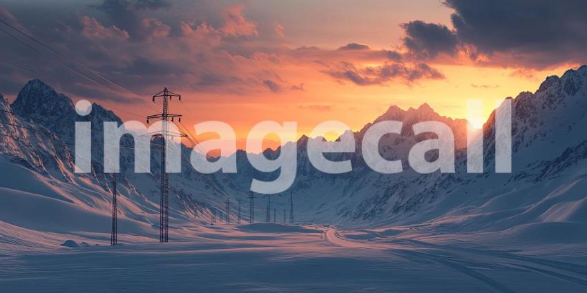 Where Power Lines Trace a Path Through a Crimson Sky, a Winter Landscape Awaits