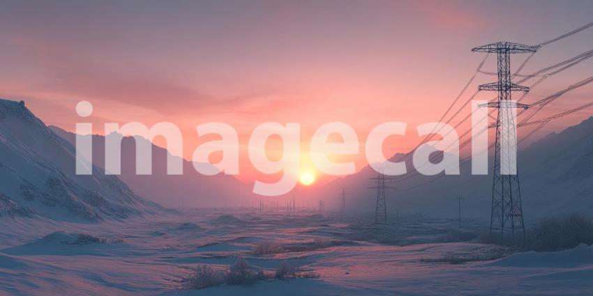 Where Power Lines Trace a Path Through a Crimson Sky, a Winter Landscape Awaits