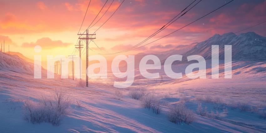 Where Power Lines Trace a Path Through a Crimson Sky, a Winter Landscape Awaits