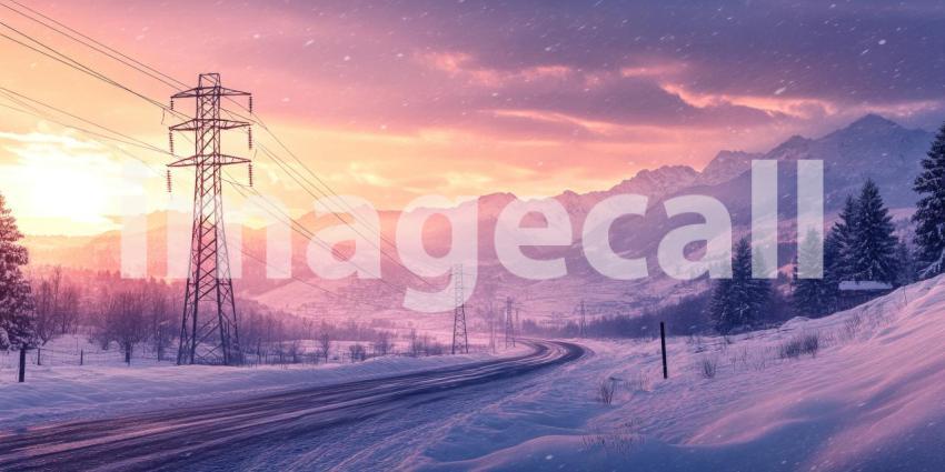 Where Power Lines Trace a Path Through a Crimson Sky, a Winter Landscape Awaits