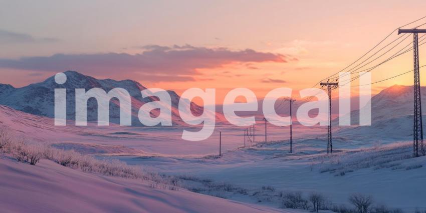 Where Power Lines Trace a Path Through a Crimson Sky, a Winter Landscape Awaits