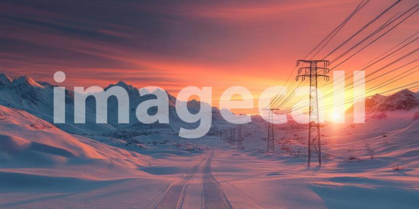 Where Power Lines Trace a Path Through a Crimson Sky, a Winter Landscape Awaits