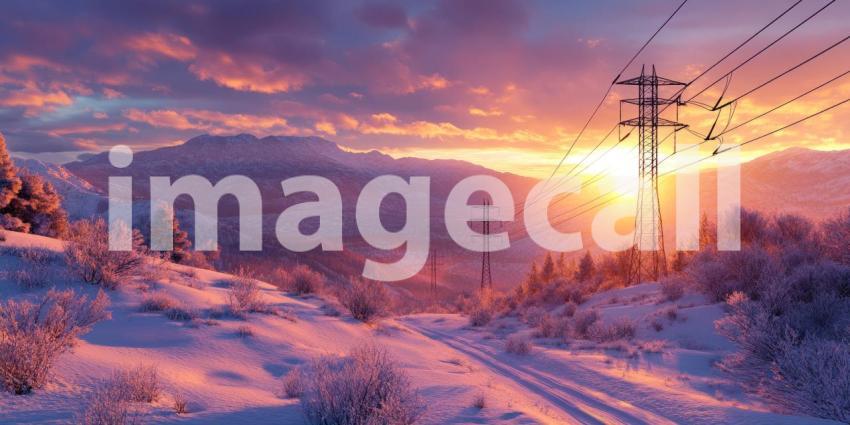 Where Power Lines Trace a Path Through a Crimson Sky, a Winter Landscape Awaits